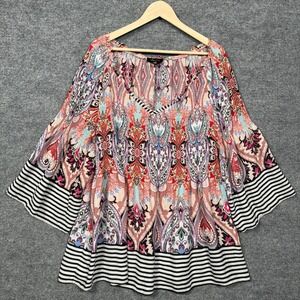 Melissa Paige Plus Sz 2X Top Blouse Tan Gray Boho Crinkle Ruffle Paisley V Neck